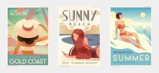 Fototapeten Retro Design Summer Holiday and Summer Camp poster. Girl relaxing on the beach. Vector © stonepic