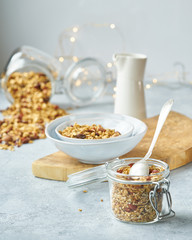 Cozy homemade breakfast with granola. A healthy start to the day. Light food photo