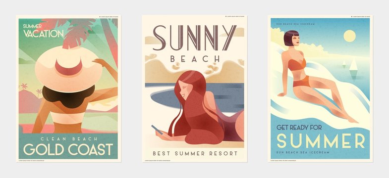 Retro Design Summer Holiday and Summer Camp poster. Girl relaxing on the beach. Vector