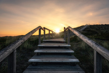 Climbing wooden stairs on Sylt island dunes