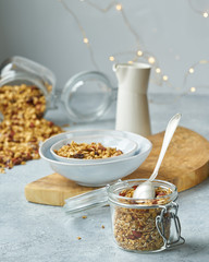 Cozy homemade breakfast with granola. A healthy start to the day. Light food photo