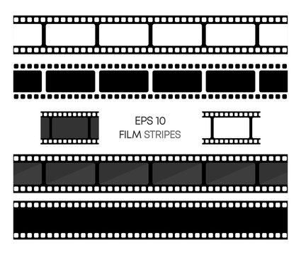Set of film vector stripes isolated on white background. Film strip roll. Vector cinema background. EPS 10. Vector