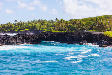 Beautiful Black Sand Beach on road to Hana on Maui, Hawaii