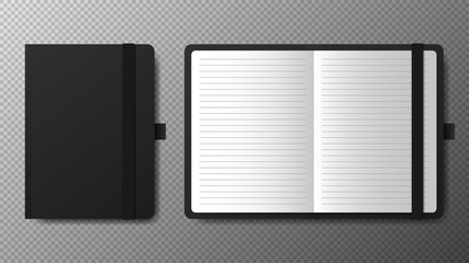 Realistic blank black open and closed copybook template with elastic band and bookmark on transparent background. Notebook Vector illustration.