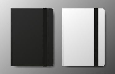 Realistic blank black and white copybook template with elastic band and bookmark on gray background. Notebook Vector
