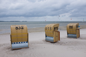 Beach chairs (Strandkorb) at the Baltic Sea in Laboe, Germany