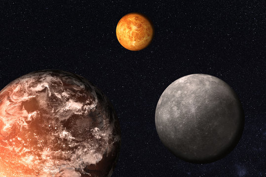 Planets of solar system together in space. Earth, Mars, Mercury. Science fiction wallpaper. Elements of this image were furnished by NASA.