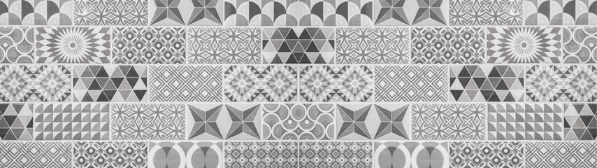 Gray black white vintage retro geometric square mosaic motif tiles texture background banner panorama - obrazy, fototapety, plakaty