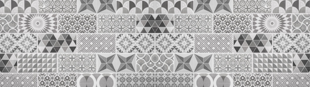 Gray black white vintage retro geometric square mosaic motif tiles texture background banner panorama
