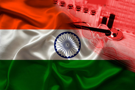 medical test tubes, stethoscope in the corner of the silk national flag of india state, medicine concept, coronavirus, SARS, COVID-19