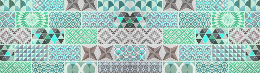 Turquoise aquamarine gray white vintage retro geometric square mosaic motif tiles texture background banner panorama