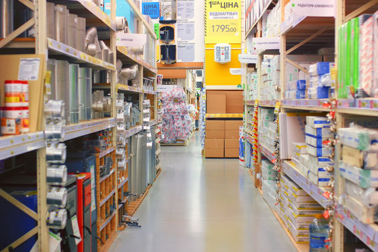 Kiev, Ukraine - January 22, 2019. Raw of different products in the DIY Leroy Merlin store. Leroy Merlin is a network of DYI supermarkets.