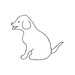 A happy playful dog is sitting and looking with its tongue hanging out. National Puppy Day. Lovely animal, people best friend, favorite pet. Black and white doodle style illustration vector