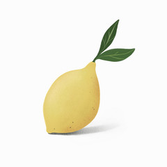 Digital illustration yellow lemon with leaf of cartoon on a white isolated background. Illustration in yellow colors. Use in kids textile, clothes, pastel linen, in design, wrapping paper, wallpaper