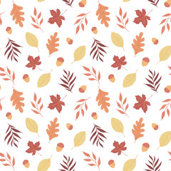 Seamless pattern of hand drawn autumn yellow, orange, red, brown leaves and acorn on a white isolated background. Maple, ash, beech,birch oak leaf. Use in postcard, wallpaper, design, textile