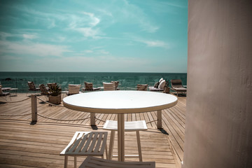 white wooden table of free space and sea landscape 
