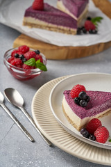 raw vegan double-layer cake with black currant on a light gray background under a concrete texture. Healthy eating, delicious dessert without baking