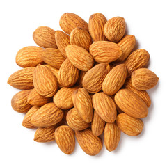 Delicious almonds, isolated on white background, top view