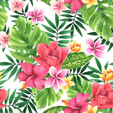 Seamless floral pattern of tropical flowers and leaves. Botanical wallpaper illustration in Hawaiian style