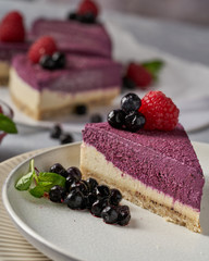 raw vegan double-layer cake with black currant on a light gray background under a concrete texture. Healthy eating, delicious dessert without baking