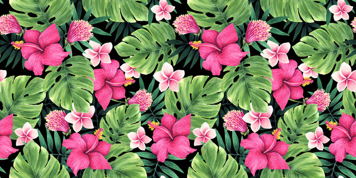 Seamless floral pattern of tropical flowers and leaves.