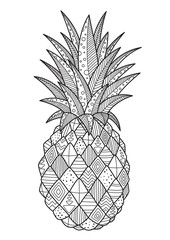 Vector pineapple antistress doodle coloring book page for adult. Tropical exotic fruit black and white illustration.
