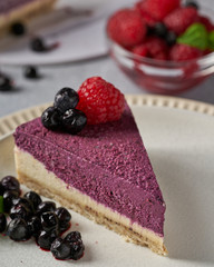 raw vegan double-layer cake with black currant on a light gray background under a concrete texture. Healthy eating, delicious dessert without baking