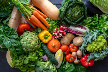 varied fresh vegetables taken from above