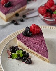 raw vegan double-layer cake with black currant on a light gray background under a concrete texture. Healthy eating, delicious dessert without baking