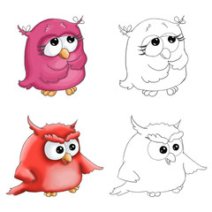 Illustration funny cartoon cute pink romantic owl and  red angry  owl isolated on white background with contour for children coloring book with colored example