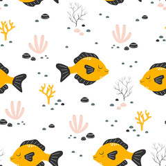 seamless pattern with cute fish isolated on white