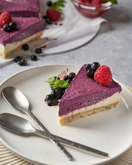 raw vegan double-layer cake with black currant on a light gray background under a concrete texture. Healthy eating, delicious dessert without baking