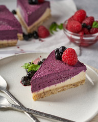 raw vegan double-layer cake with black currant on a light gray background under a concrete texture. Healthy eating, delicious dessert without baking