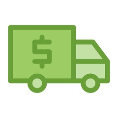 Money transport with armored truck. Bank van icon in flat style. Gold and money delivery sign.
