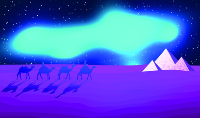 Panoramic Landscape of the Desert. Caravan of Camels Goes to Symbol of Egyptian Pyramids at Night. Aurora Borealis in Tropics. Vector Illustration