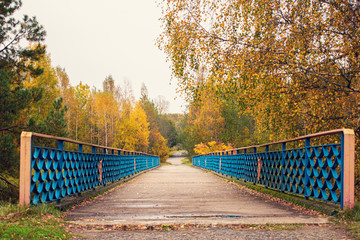 Fototapeta premium Blue old bridge over the river, yellow autumn forest in the Park, road