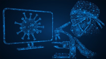 Covid-19 Coronavirus. Researcher of the laboratory for studying coronavirus. The scientist looks through a microscope. Virus on the monitor screen. Futuristic polygonal design.