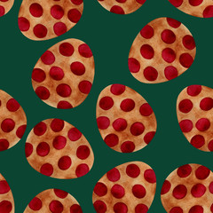 Easter egg - chocolate with red dots. Watercolor painting, seamless pattern. Design for backgrounds, wallpapers, covers and packaging, wrapping paper.