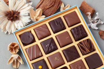 Natural chocolate candies in a beautiful cardboard box.