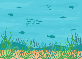 Fototapeta na wymiar Seascape, underwater background sea flora and fauna. Sea plants and fishes silhouettes. Panoramic marine bottom. Vector illustration