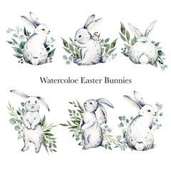 Watercolor easter bunnies and green leaves
