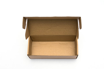 Open cardboard box, white background, isolated, copy space