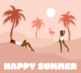 Happy summer. Vector  hand drawn illustration of women in swimsuits with palms and flamingo .  Creative artwork.  Template for card, poster, banner, print for t-shirt, pin, badge, patch.