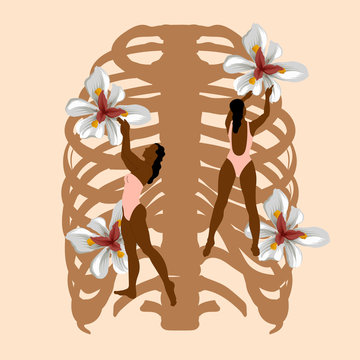 Vector  hand drawn illustration of women in swimsuits with flowers and human rib cge .  Creative surreal artwork.  Template for card, poster, banner, print for t-shirt, pin, badge, patch.
