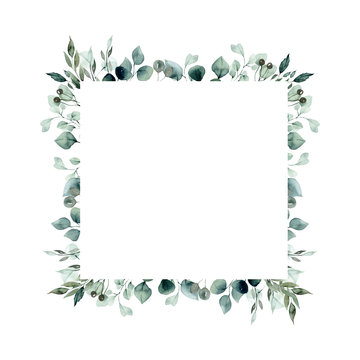 Watercolor square frame with greens