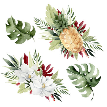 Tropicals watercolor bouquets cpllection with fruits