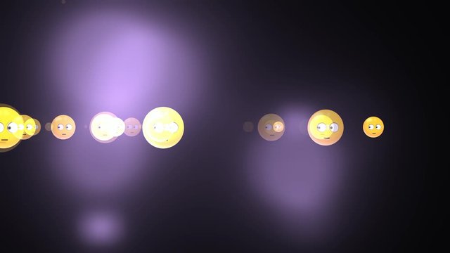 suspicious emoticons flying animation. social media motion on blurred background.
