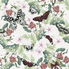 Tropical seamless pattern with flowers, butterflies. Floral patch for print, fabric, scarf