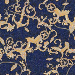 Marine baroque pattern with golden chains and anchors. Vector seamless patch for scarfs, print, fabric