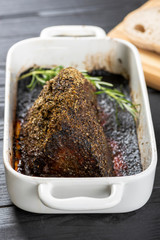 well-done roasted beef with fresh herbs